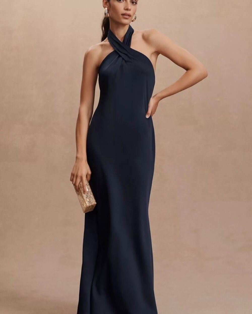 BHLDN Anthropologie Ruby Twist Halter Satin Maxi Gown Navy Blue Size 0 / XS